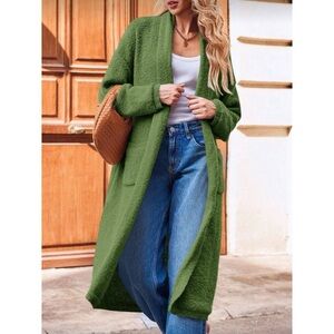 Bohemian Green Solid Knit Pockets Open Front Long Duster Cardigan S M L
